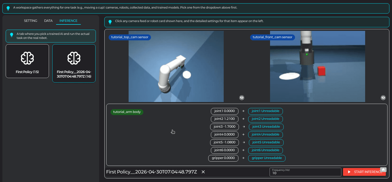 MonitoringWindow inference — Hz / Home 배지 / Start·Stop 버튼 + 추론 중 카메라 뷰