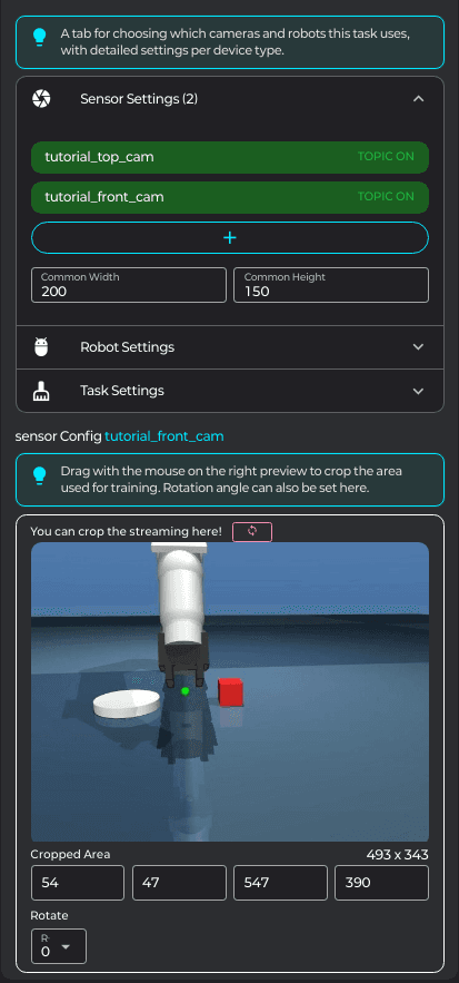 센서 config 패널 — Crop 캔버스 + Cropped Area(x1/y1/x2/y2) + Reset crop + Rotation select + Common Resolution 입력